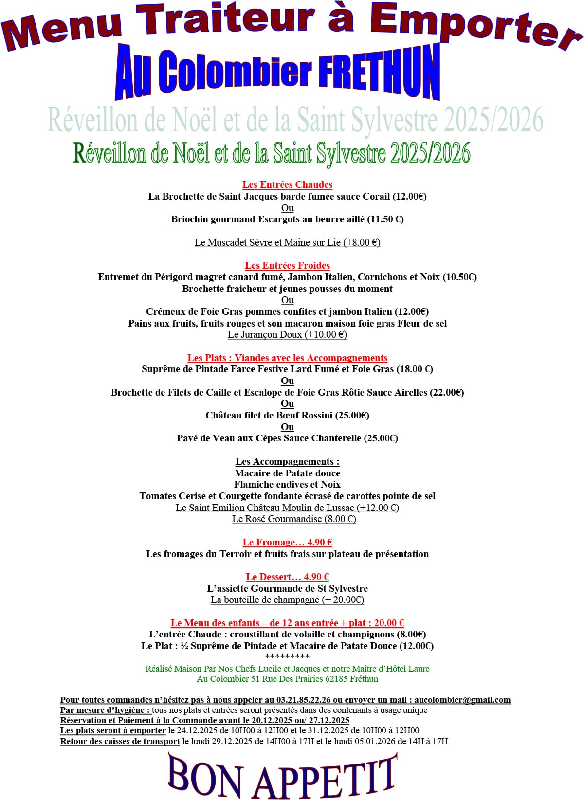 traiteur emporter noel nouvel an calais